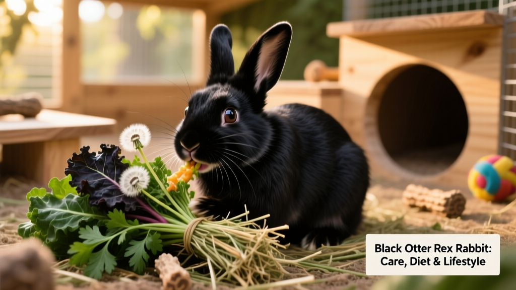 A Black Otter Rex rabbit happily nibbling fresh timothy hay and dark leafy greens in a clean, enriched habitat