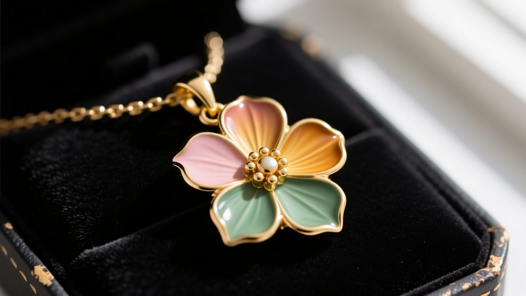 Macro shot of a gold-tone Coach flower necklace pendant on dark velvet, showing enamel petals and slight edge wear.