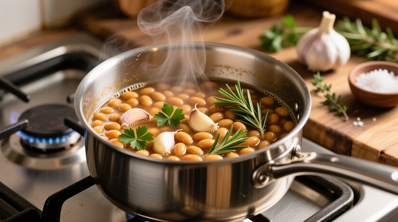 Simmering canned beans with garlic and herbs in stainless steel pot
