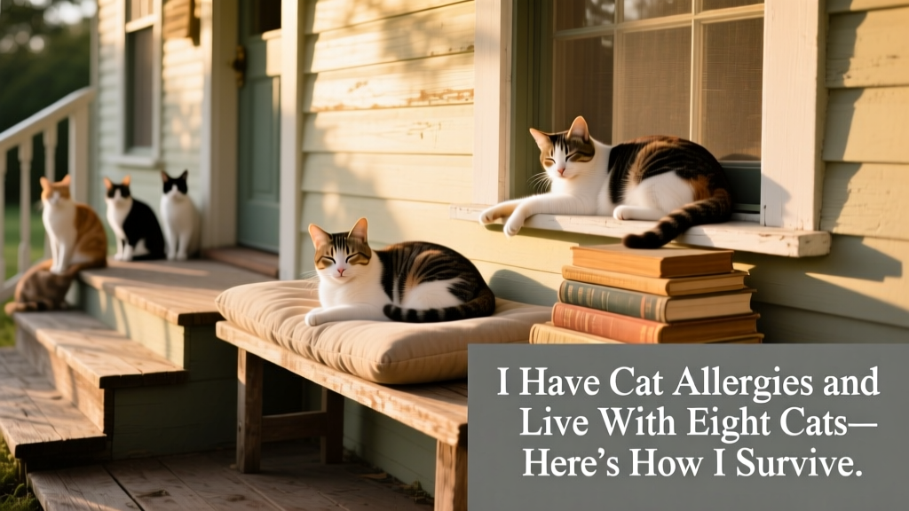 A sunny farmhouse porch with several cats lounging on wooden steps and windowsills
