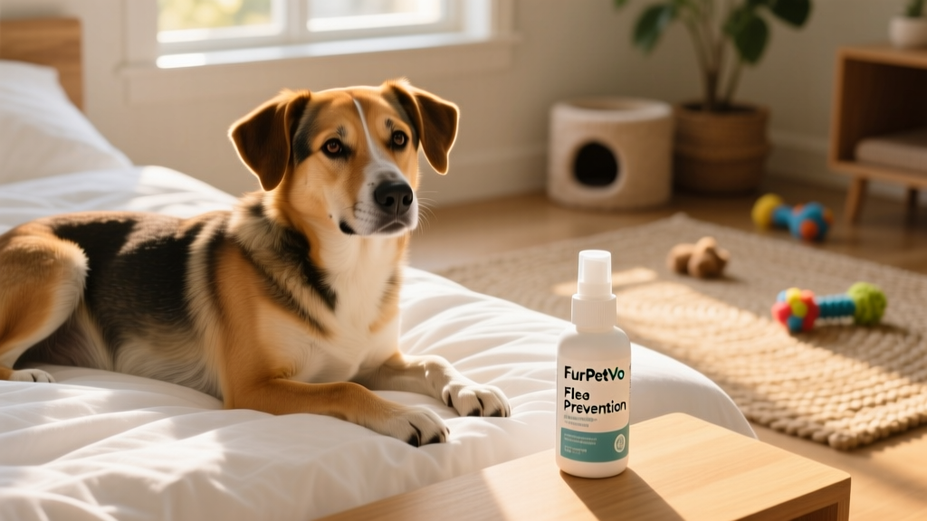 Dog lying comfortably on clean bedding, with a FurPetVo flea prevention product bottle nearby