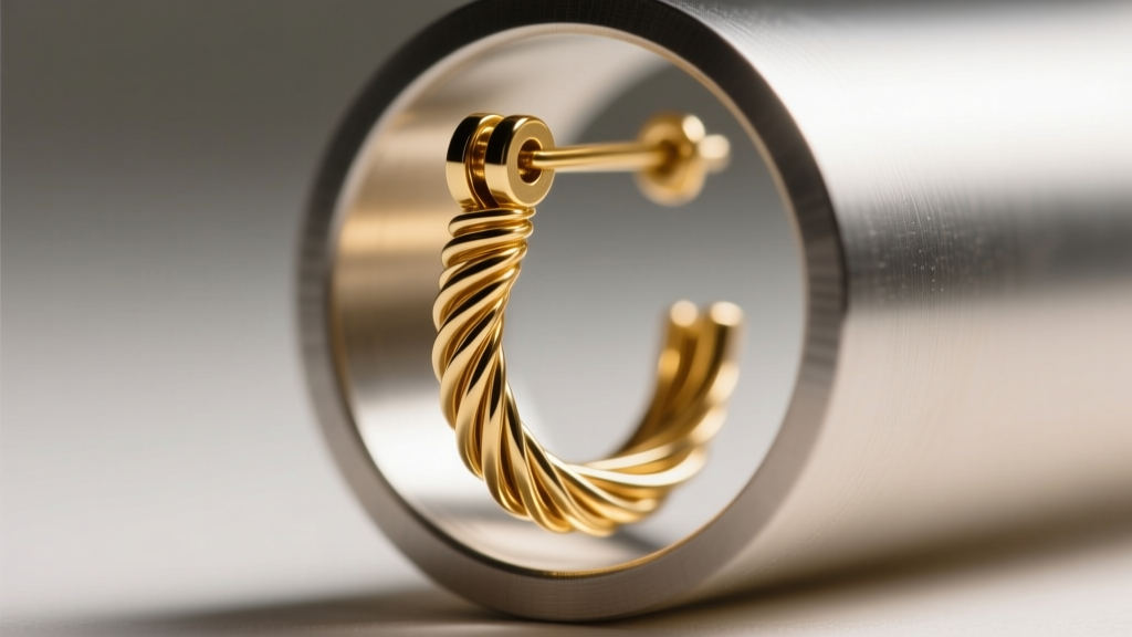Macro shot of a 20-gauge gold vermeil earring wire inside a hollow tube, showing the tension click mechanism under bright light