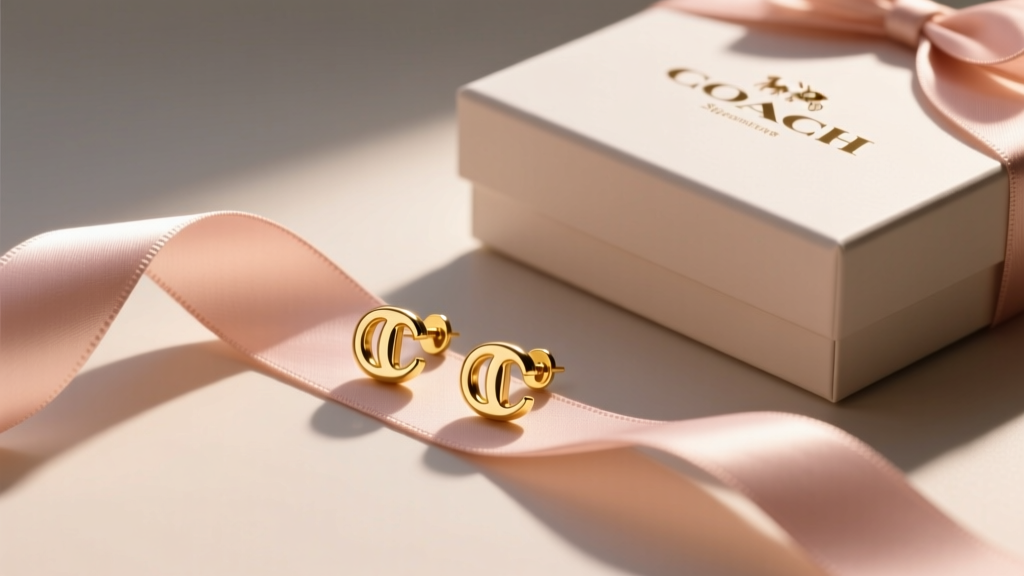 Flat lay of Coach gold Signature C stud earrings resting on a blush silk ribbon next to a branded gift box in soft morning light