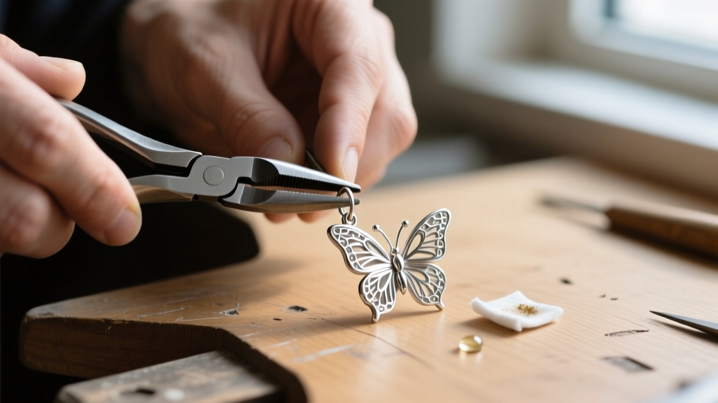 Jeweler hands using flat-nose pliers to gently squeeze tension loops of a sterling silver butterfly earring back on a workbench
