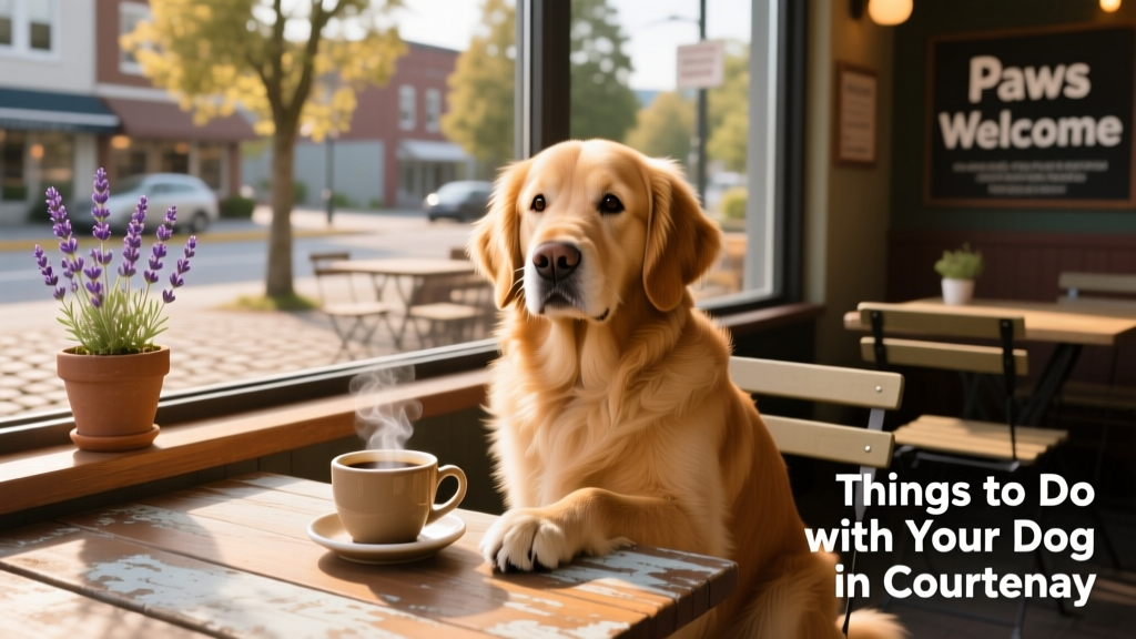 A dog sits next to a coffee cup on a sunny café table.