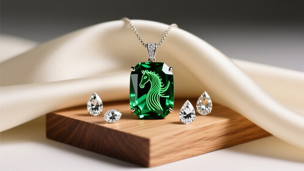 Demantoid garnet pendant showing horsetail inclusions and pear diamonds, resting on cream silk fabric atop a wooden display stand.
