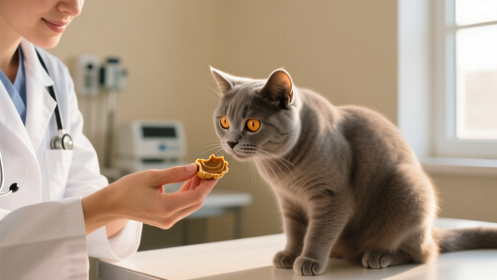 Veterinarian gently offering a tiny amount of peanut butter on a finger to a cat during a checkup