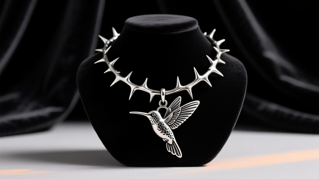 Blackened silver Frida Kahlo thorn necklace and hummingbird pendant resting on a dark velvet jewelry bust in moody light