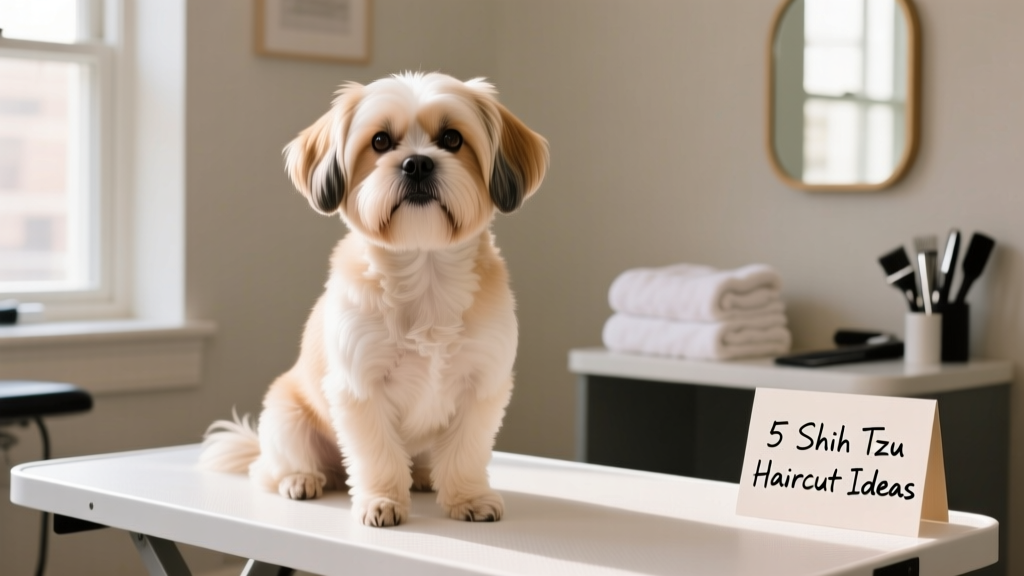 A well-groomed Shih Tzu sitting calmly on a grooming table with soft lighting