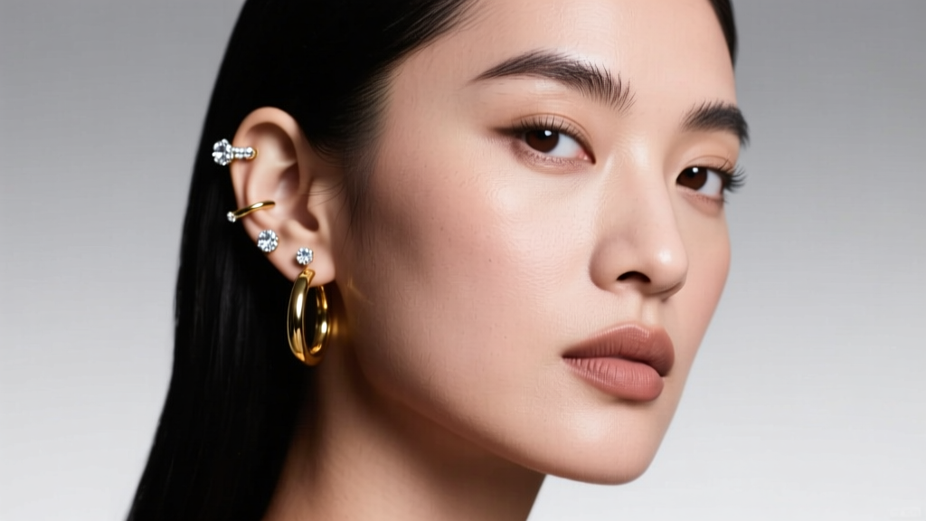 Editorial portrait of a woman with multi-piercing ear layout, diamond helix studs and gold lobe hoops, soft studio lighting