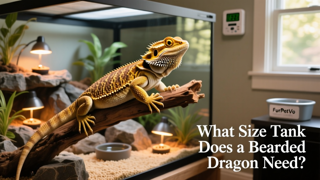 Adult bearded dragon confidently perched on a wooden branch in a spacious 120-gallon FurPetVo enclosure with layered terrain and multiple basking zones