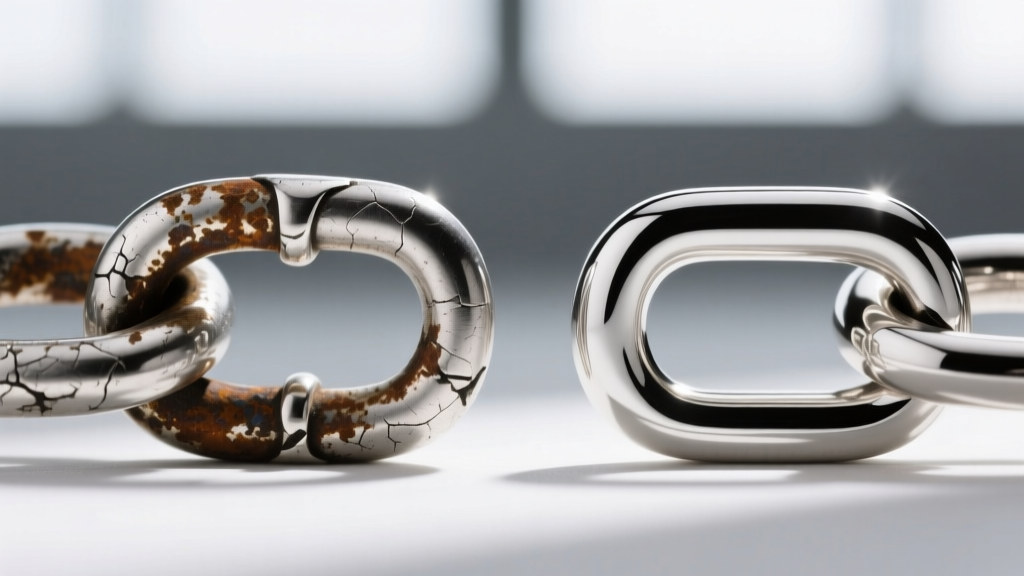 Macro photography comparing a tarnished traditional sterling silver chain link to a bright, untarnished Argentium silver link