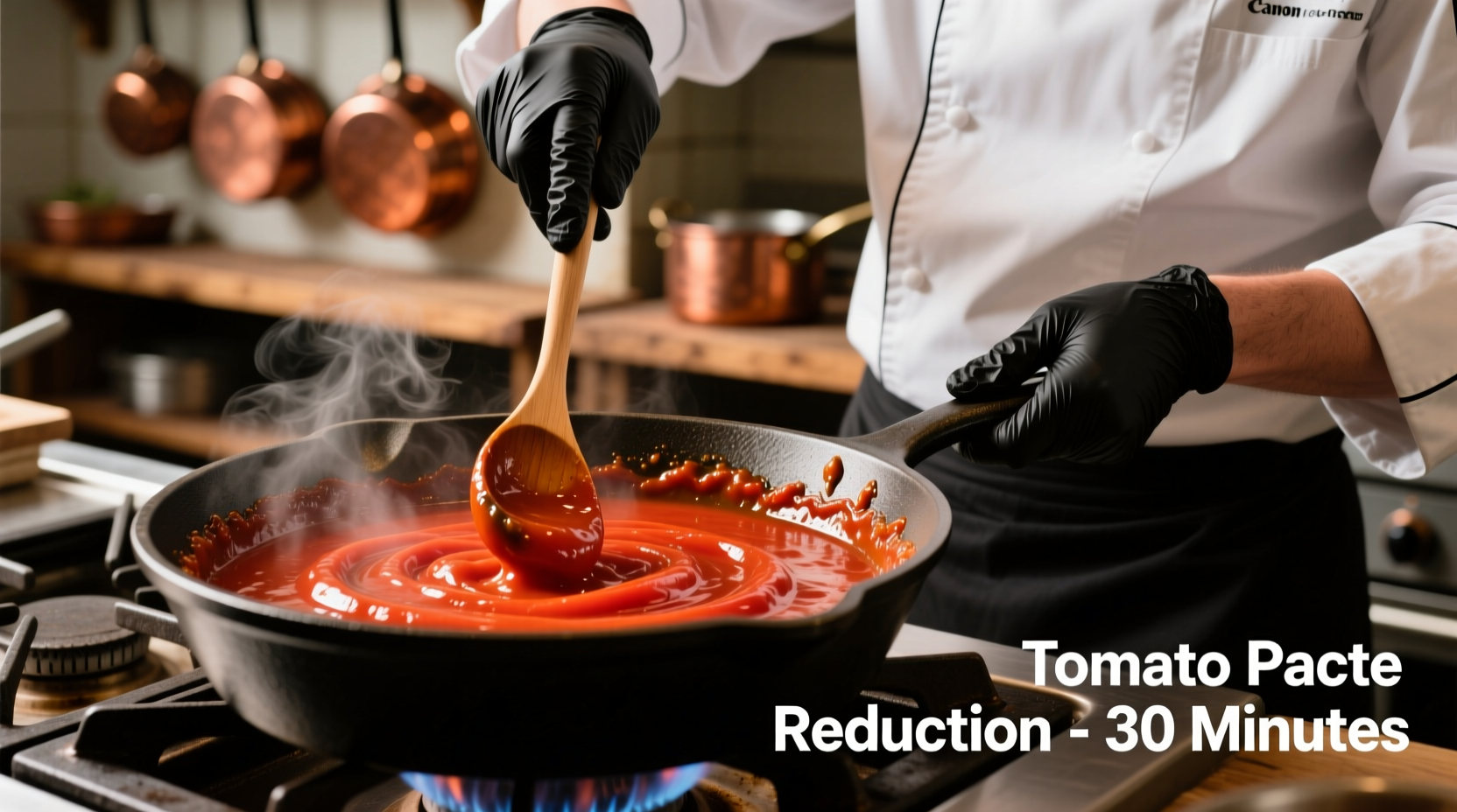 Chef reducing tomato sauce to paste consistency in skillet