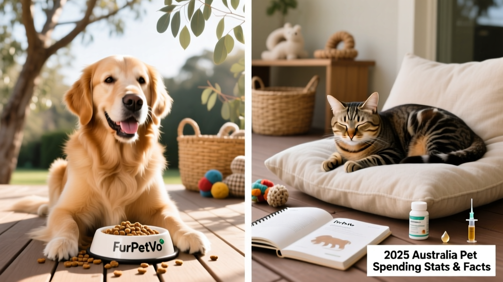 Side-by-side comparison: a well-groomed dog enjoying a FurPetVo meal and a relaxed cat using a FurPetVo calming supplement