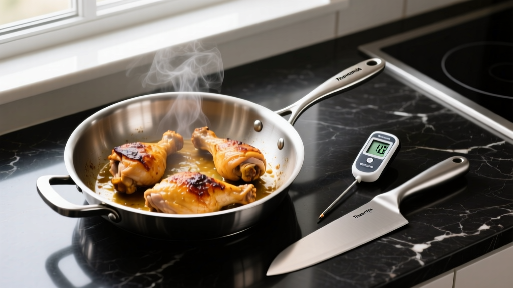 Overhead view of a Tramontina tri-ply stainless steel skillet searing chicken thighs beside a bench scraper and digital thermometer on dark quartz