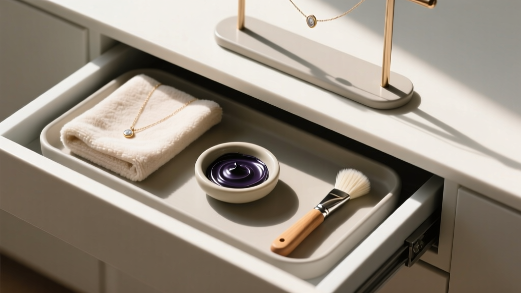 Top-down view of a pull-out cleaning tray under a DIY necklace holder with a microfiber cloth, polish paste, and a soft brush