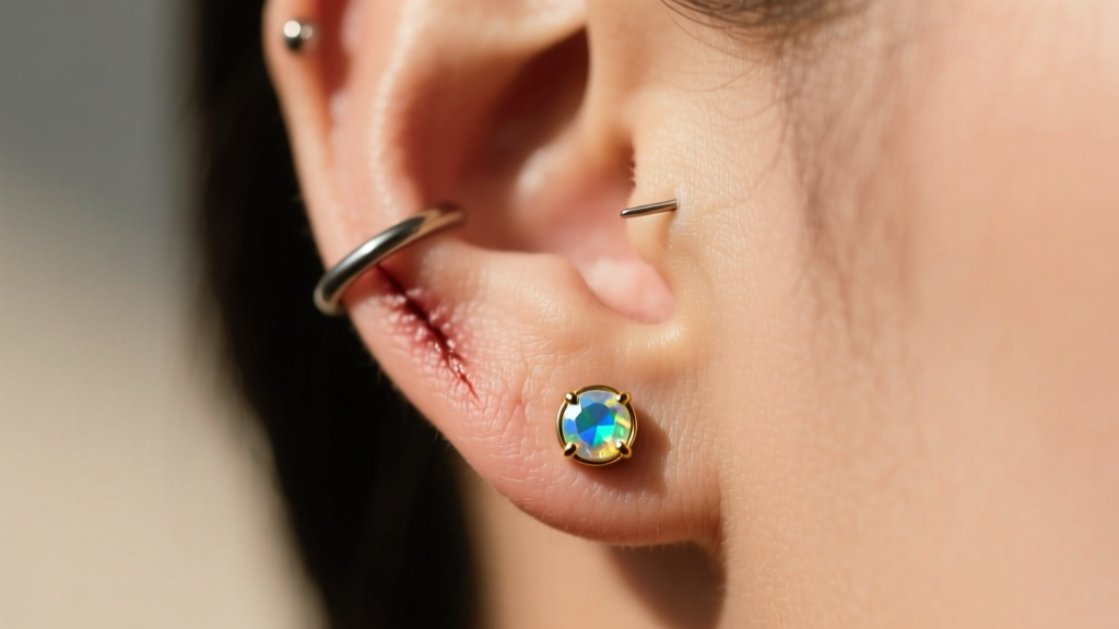 Close-up of a healed helix piercing wearing a 16-gauge threadless titanium flat-back earring with a small, glowing opal gemstone.