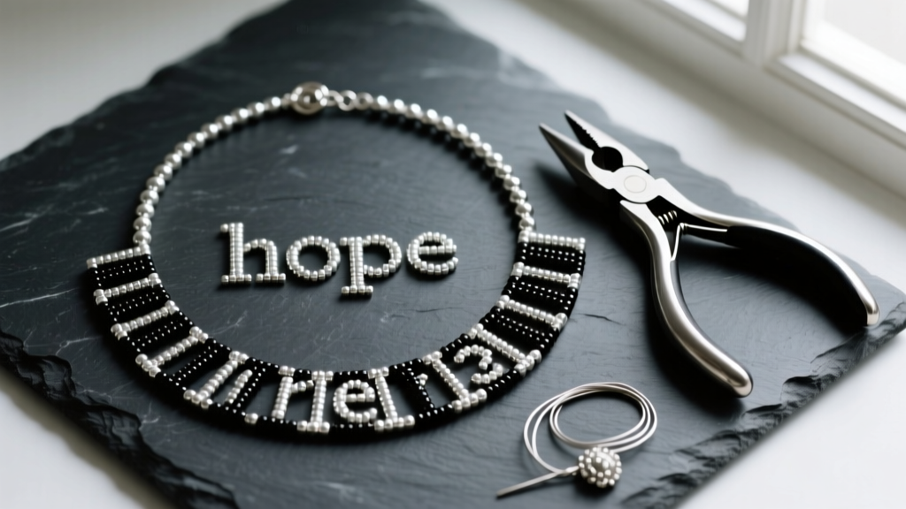 Overhead flat lay of a silver and black seed bead morse code necklace on dark slate next to jewelry pliers and wire cutters
