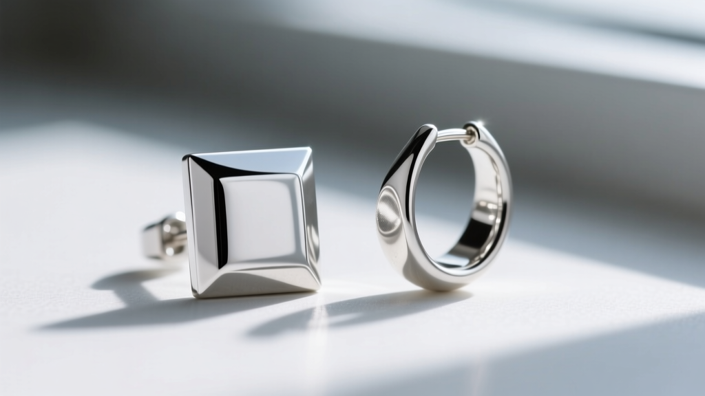 Macro photo comparing a die-struck square silver earring with crisp edges next to a cast earring with slightly rounded corners.