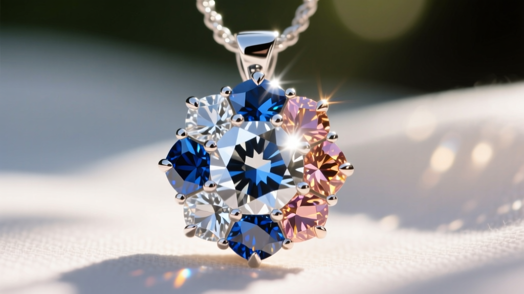 Macro close-up of a Stella Rose pendant showing prong-set AAA cubic zirconia stones catching direct sunlight with high brilliance