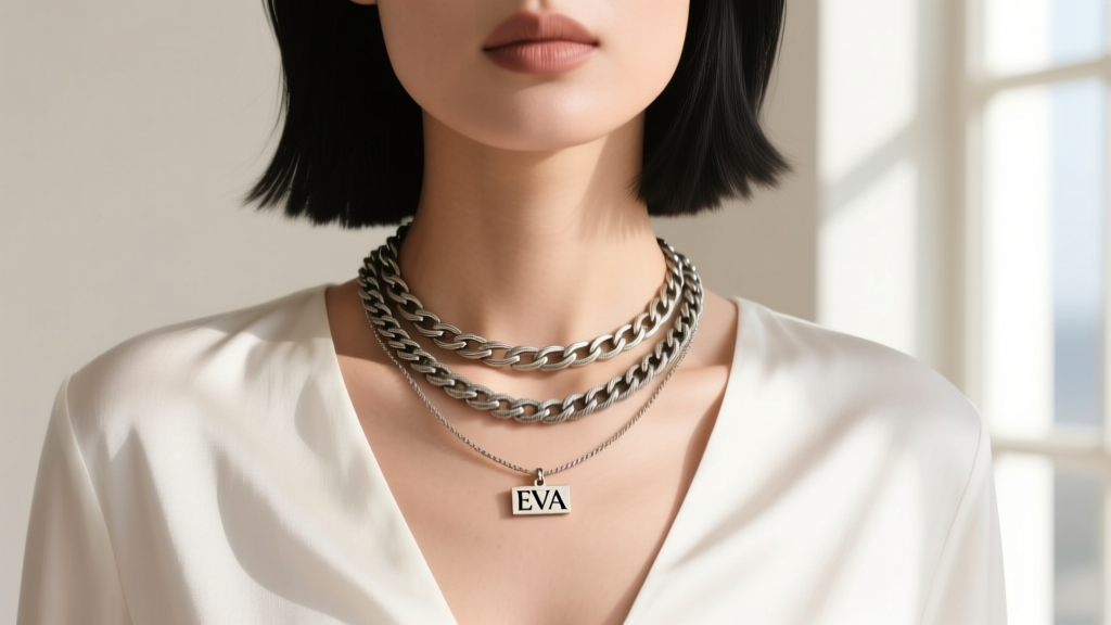 Layered necklace stack featuring a 1.2mm cable chain with a small name charm and a 2.5mm oxidized silver figaro chain on a model