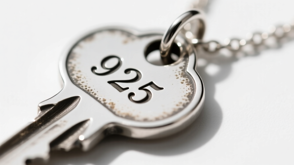 Macro photography of a 925 hallmark stamped on a silver key necklace bail, showing crisp engraving and patina in crevices.