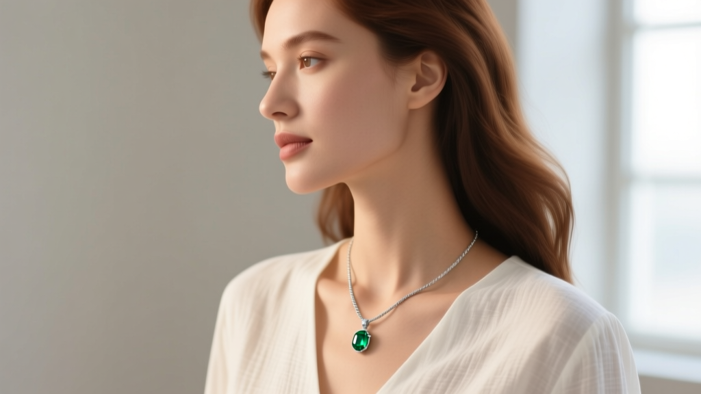 Side profile of a woman wearing a dainty emerald pendant on a 16-inch rope chain, paired with a crisp white linen blouse neckline.