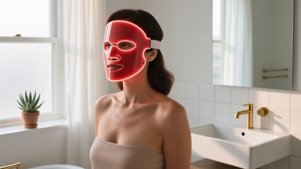 Woman wearing a flexible red LED light therapy face mask in a modern minimalist bathroom with soft natural morning light