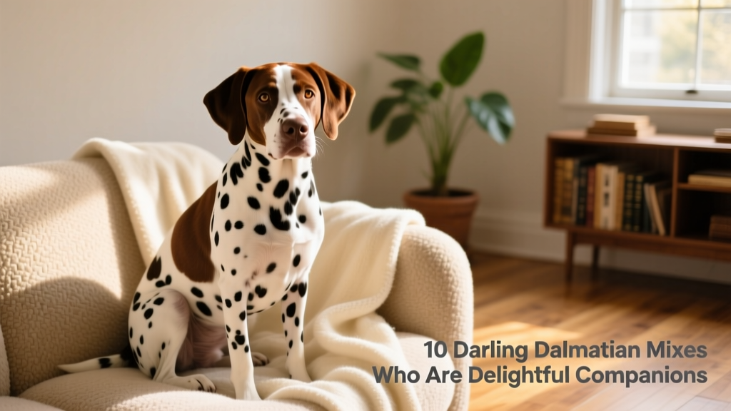 brown and white Labmatian (Lab and Dalmatian mix) with spots sits on a couch with a blanket