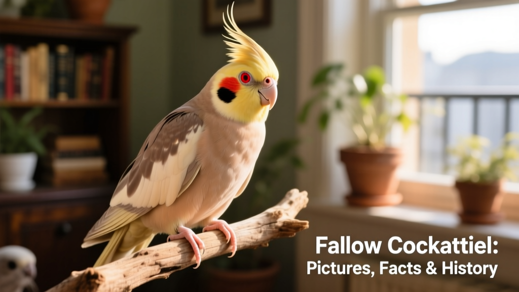 A close-up portrait of a Fallow cockatiel perched calmly, showing its pale cinnamon plumage, red eyes, and distinctive cheek patches
