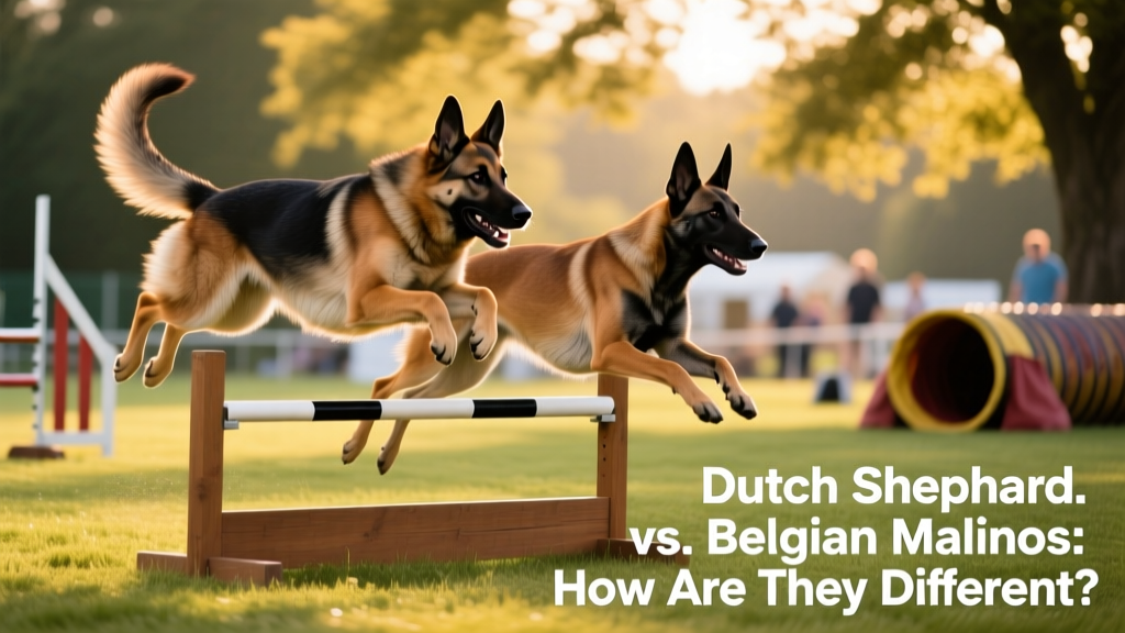 A Dutch Shepherd and a Belgian Malinois mid-action during an agility course—leaping over a hurdle together
