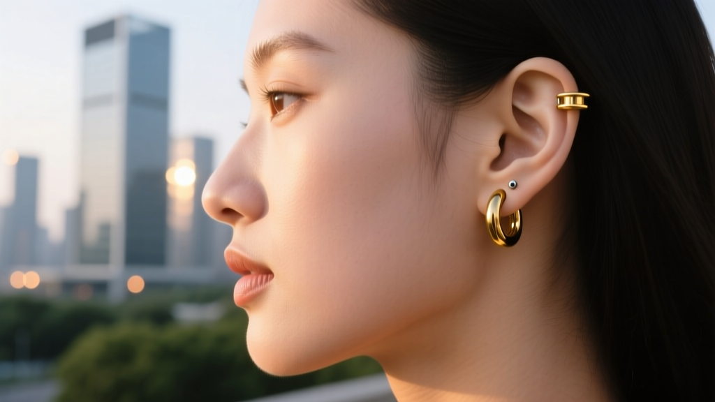 Side profile showing a 16-gauge titanium gold clicker hoop in a helix cartilage piercing against a softly blurred urban background.