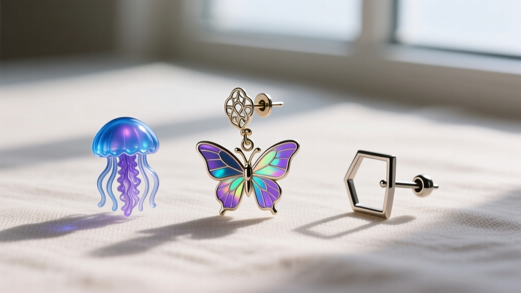 Flat lay of three jellyfish earrings showing different backings: a tension ear cuff, a butterfly post, and a cartilage clicker.