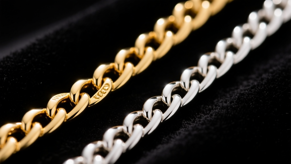 Macro shot of 14k gold box chain and white gold rollo chain side-by-side on dark velvet, showing interlocking link structures