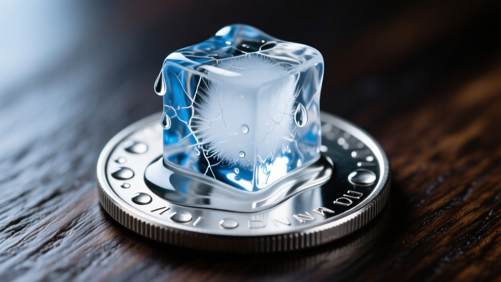 Melting ice cube sitting on a thick sterling silver coin, demonstrating rapid thermal conductivity against dark wood background.