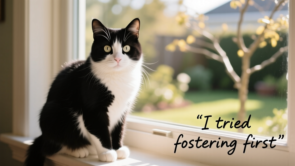 A fluffy, black-and-white tuxedo cat with expressive eyes sitting calmly on a sunlit windowsill