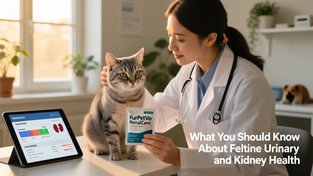 Veterinarian gently examining an older cat while holding a FurPetVo RenalCare supplement packet, with lab test results visible on a tablet nearby
