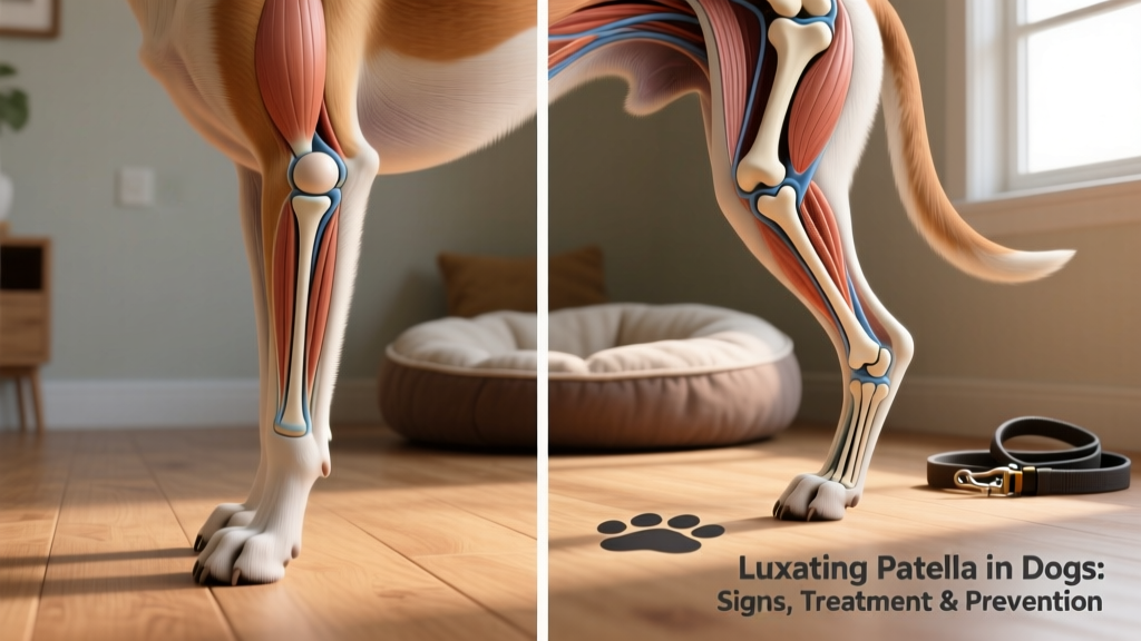 Side-view illustration of a dog's hind leg showing normal kneecap alignment versus a luxated (displaced) kneecap