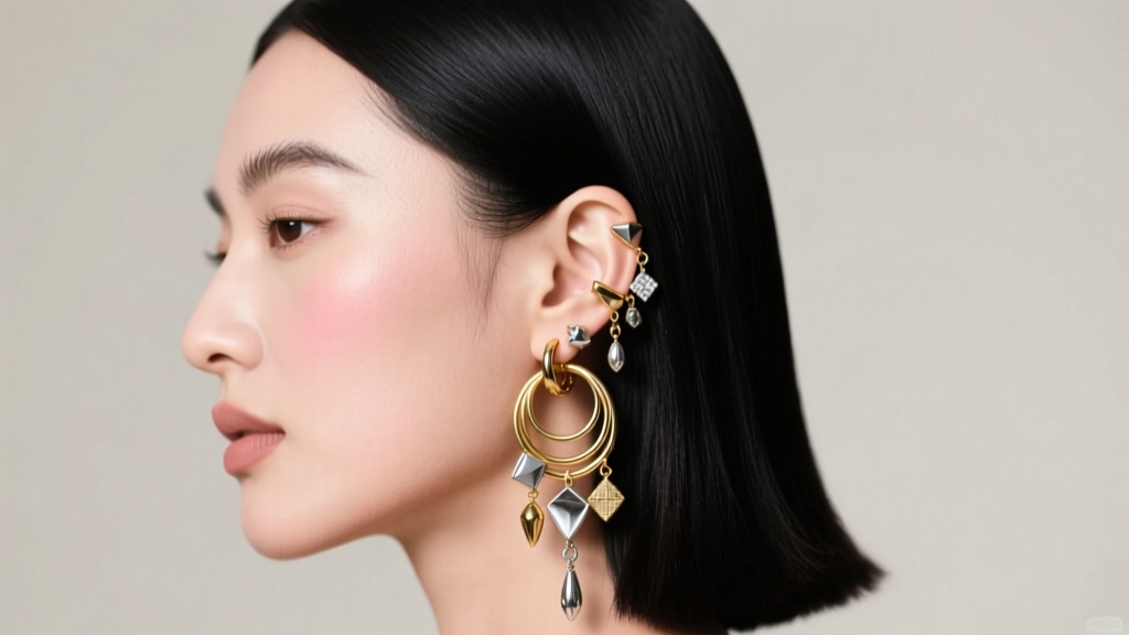 Side profile of a woman with a deep hair part, revealing a heavily stacked left ear while her right ear remains completely bare