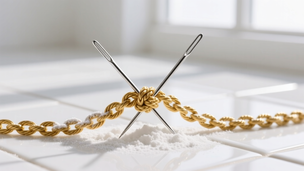 Macro shot of two sewing needles untangling a knotted 5mm gold rope chain dusted with baby powder on a white ceramic tile surface