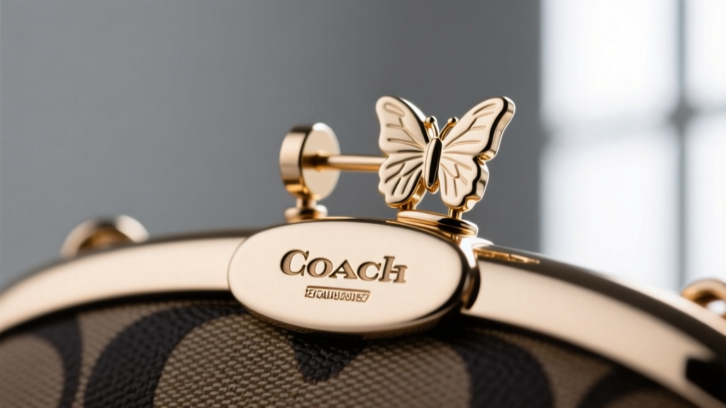 Macro close-up of a Coach earring post and butterfly clutch, showing 20-gauge thickness and a stamped hallmark on the flat pad