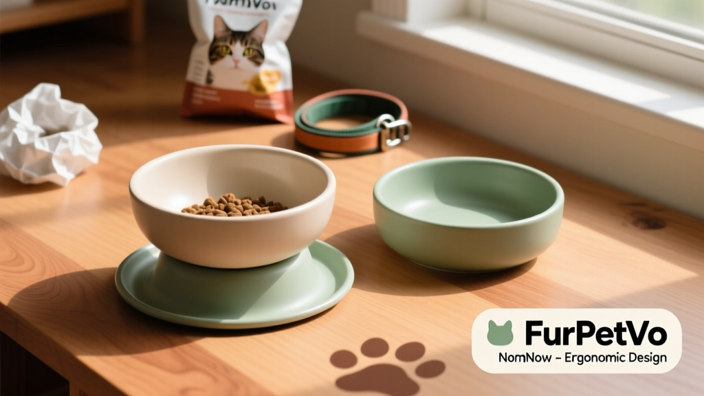 Side-by-side comparison of a standard ceramic cat bowl and a FurPetVo NomNom bowl showing ergonomic design and wide spill-catching tray