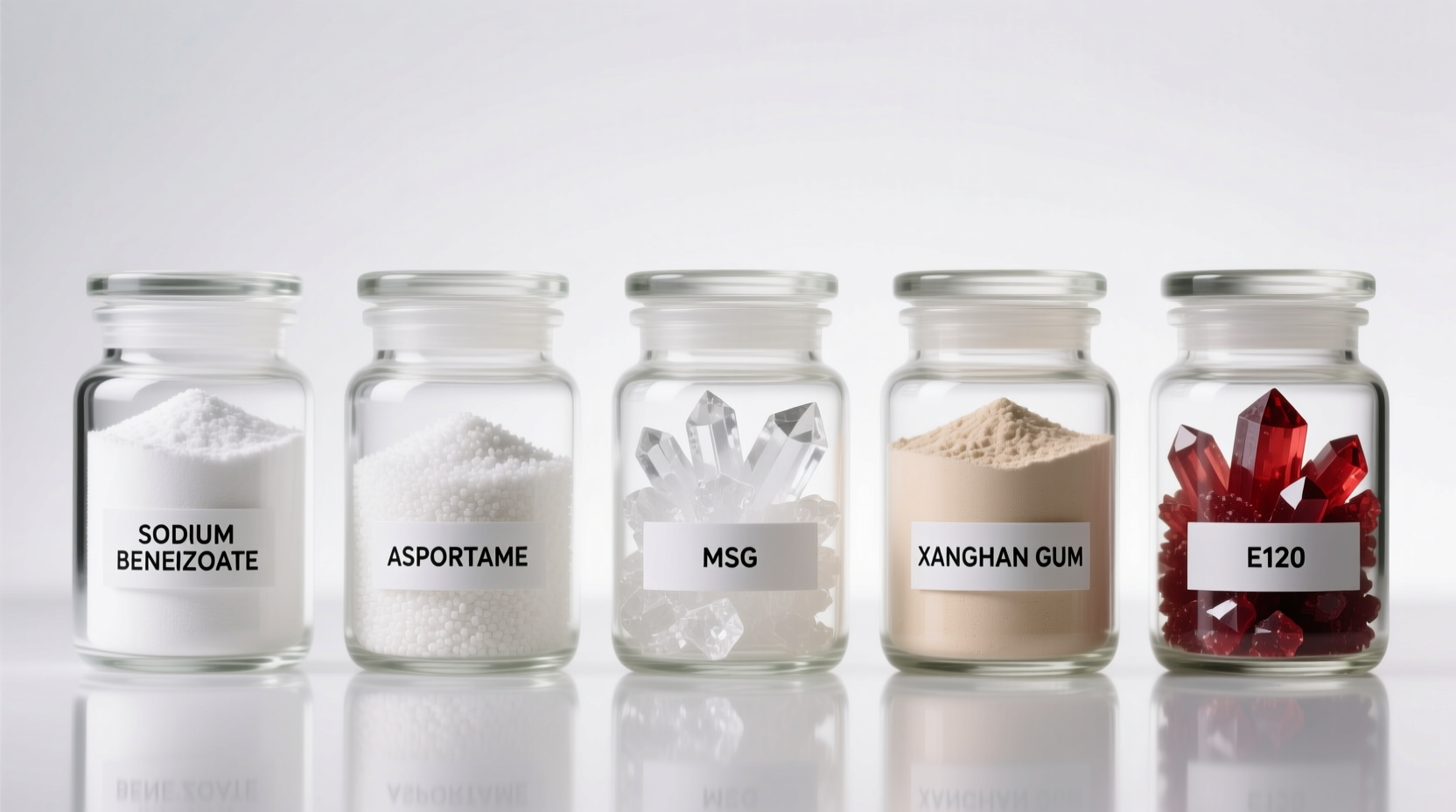 Common food additives displayed in labeled jars