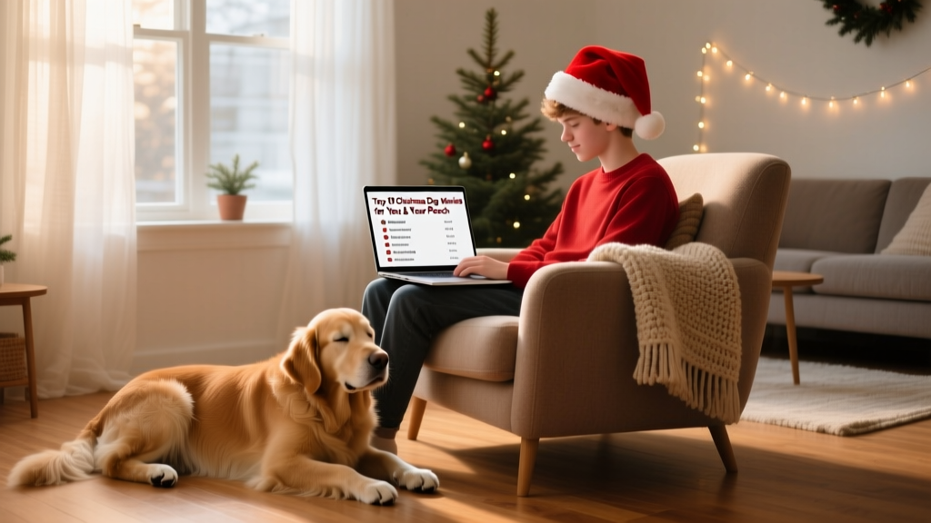 A person wearing a Santa hat watching movies on their laptop next to their relaxed dog