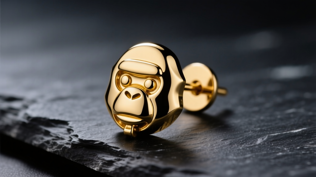 Macro shot of a gold-plated Bathing Ape Ape Head stud earring on dark slate beside a jeweler's loupe under dramatic studio light.