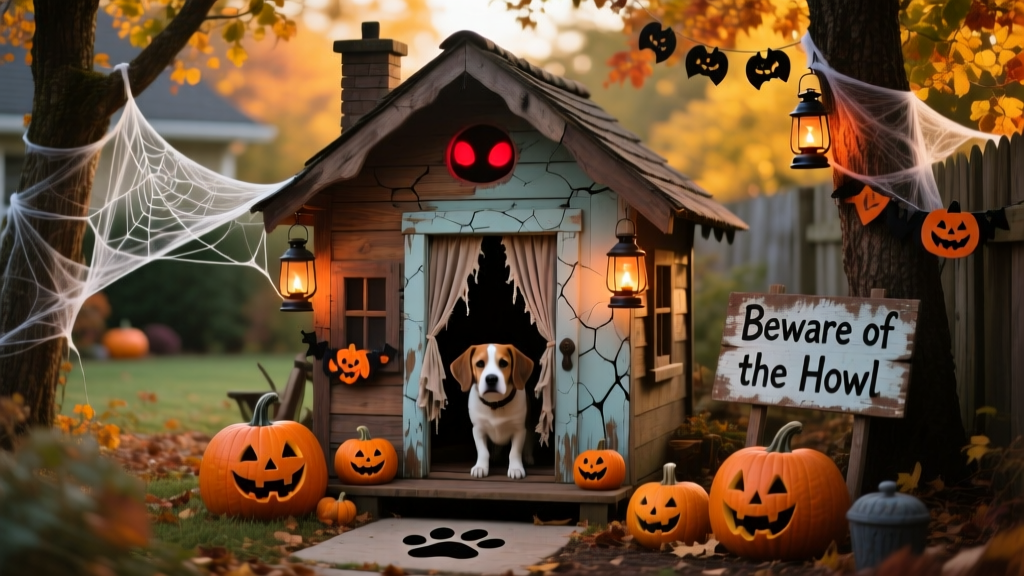 Finished haunted dog house placed outdoors with Halloween decorations nearby