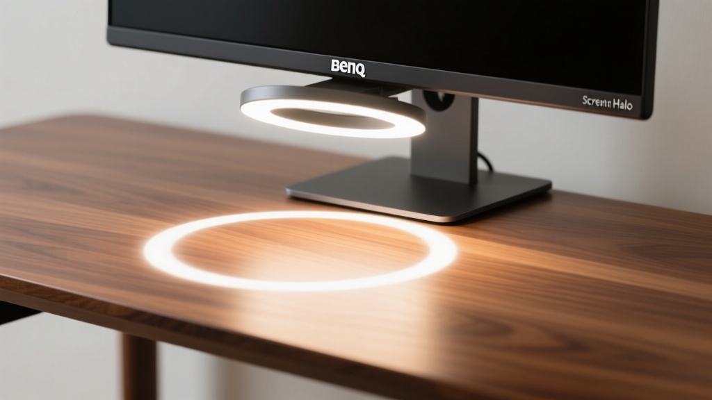 Close-up of a BenQ ScreenBar Halo illuminating a wooden desk surface, highlighting the exact 500-lux optimal lighting zone for reading.