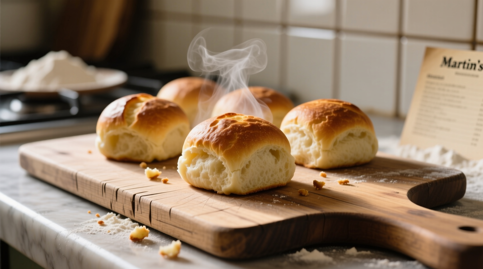 Martin's potato buns on wooden cutting board