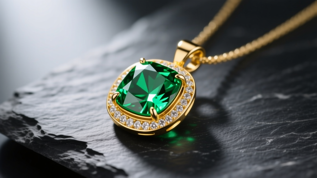 Elegant 18k yellow gold bezel-set emerald-cut green tourmaline pendant resting on dark slate, soft directional lighting.