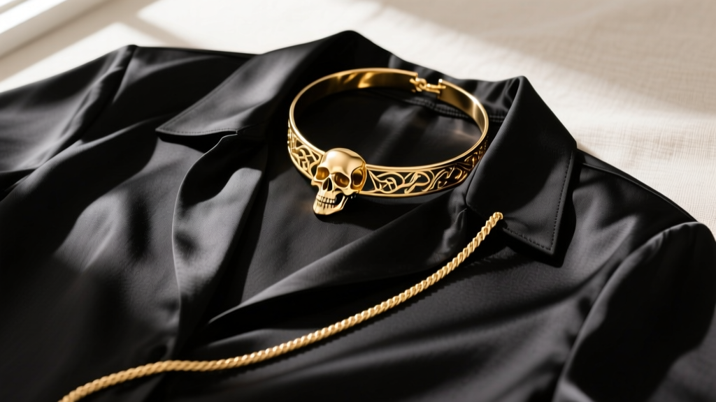 Flat lay of a black silk blouse layered with a delicate 18k gold skull choker and a longer rope chain, soft natural window light.